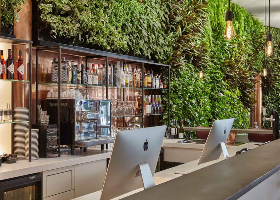 Receptie balie met plantenwand